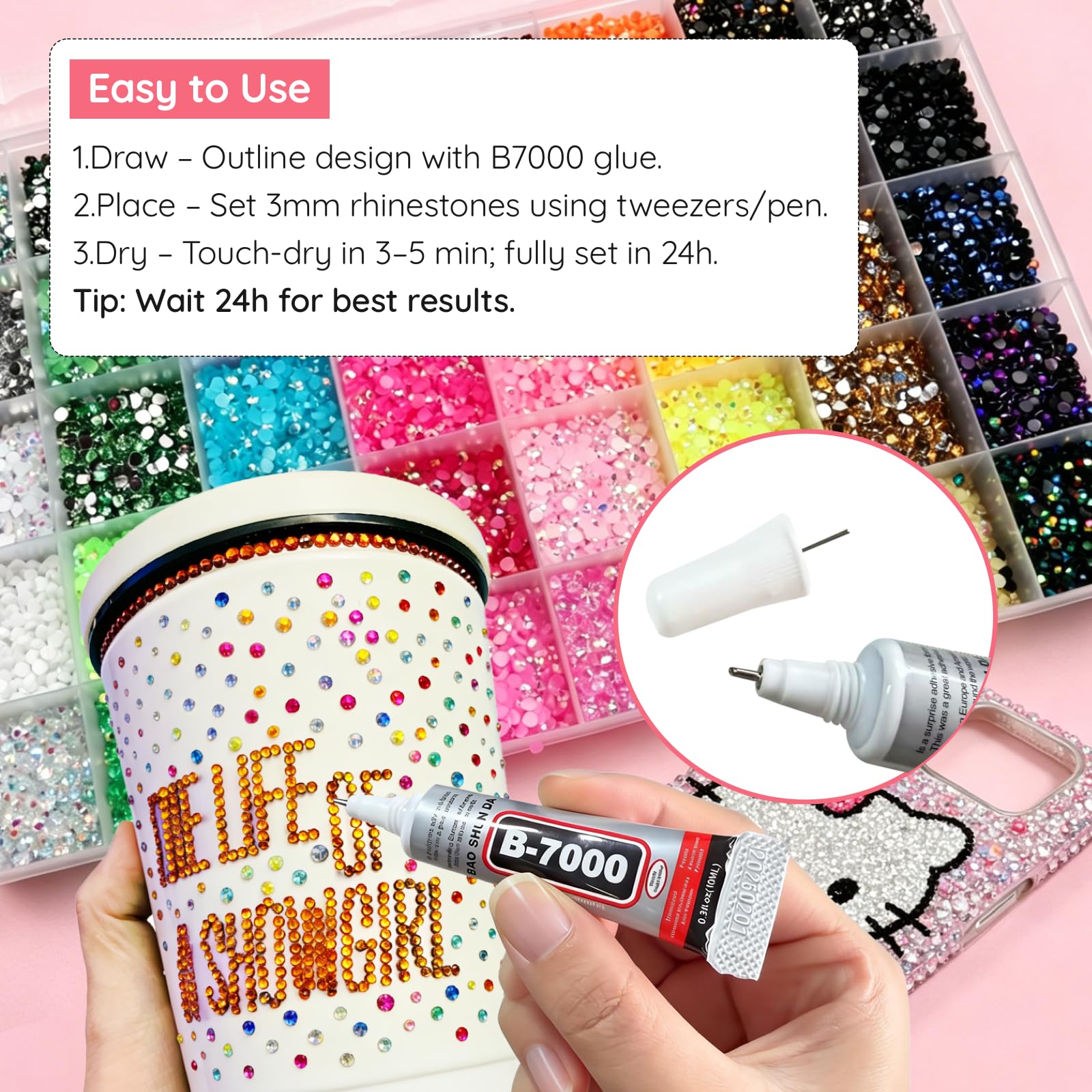WOQPHU rhinestones applied to a tumbler, showcasing finished craft durability
