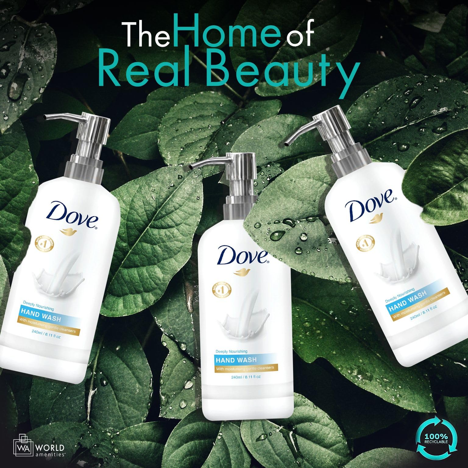 World Amenities Dove hand wash at sink in bathroom offering clean, guest-ready look