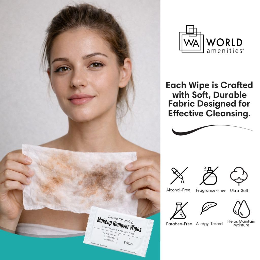 World Amenities wipe removing mascara demonstrating effective cleansing