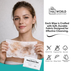World Amenities wipe removing mascara demonstrating effective cleansing