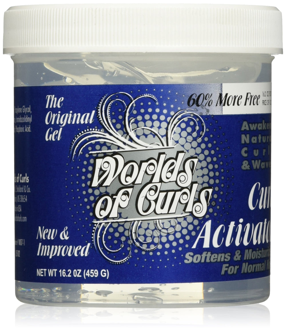 Worlds Of Curls jar front packaging showing label and 16.2 oz volume for clear identification and benefit