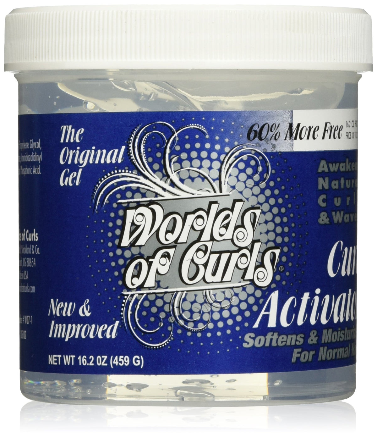 Worlds Of Curls jar front packaging showing label and 16.2 oz volume for clear identification and benefit