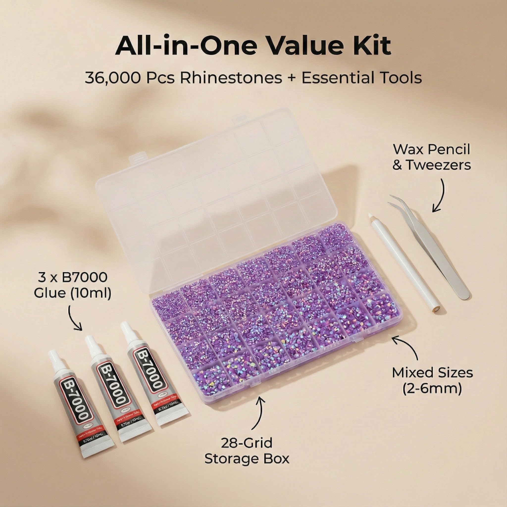 Worthofbest clear 28-grid organizer filled with sorted lavender gems for quick access