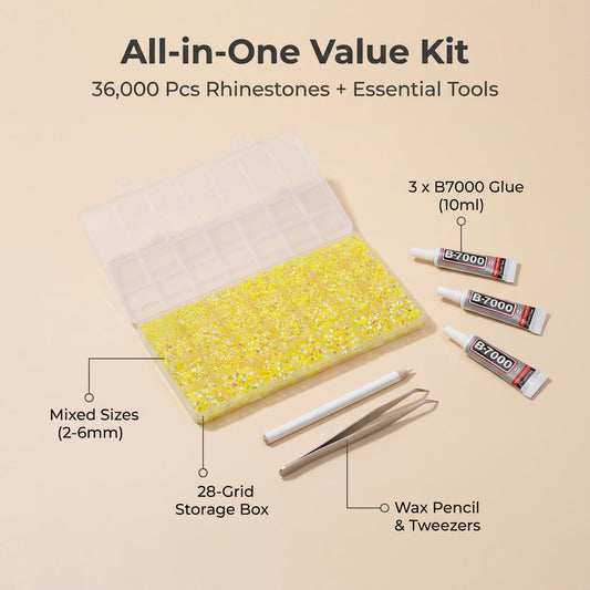Worthofbest open 28-grid organizer revealing sorted yellow rhinestones for quick access