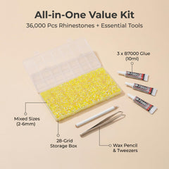 Worthofbest open 28-grid organizer revealing sorted yellow rhinestones for quick access
