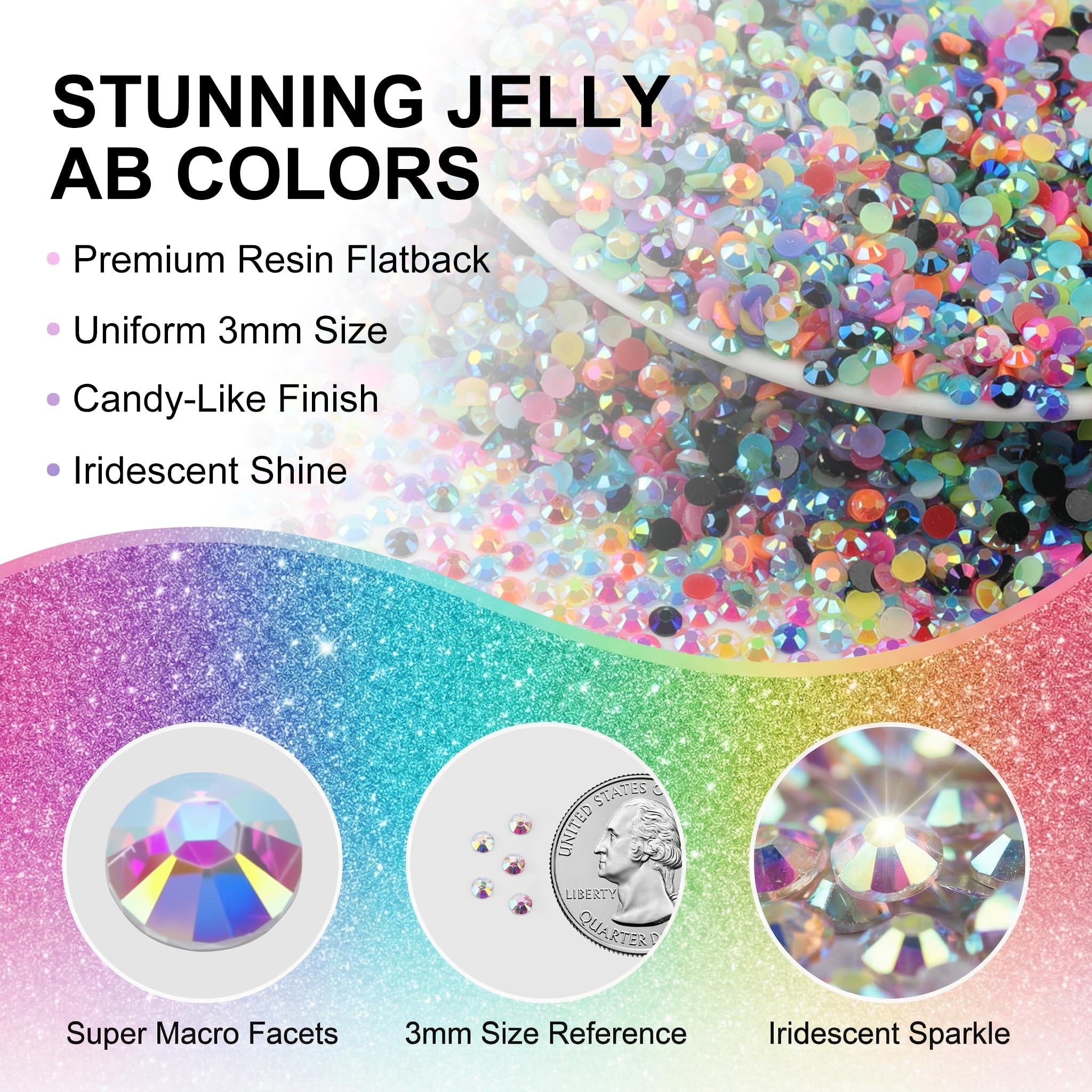 Worthofbest close-up of jelly AB 3mm rhinestones showing iridescent texture for extra sparkle