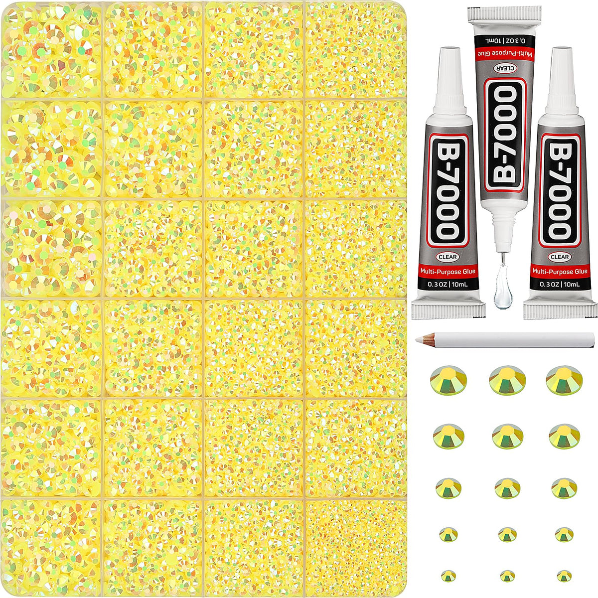 Worthofbest front container showing sorted yellow rhinestones and clear case, easy organization benefit
