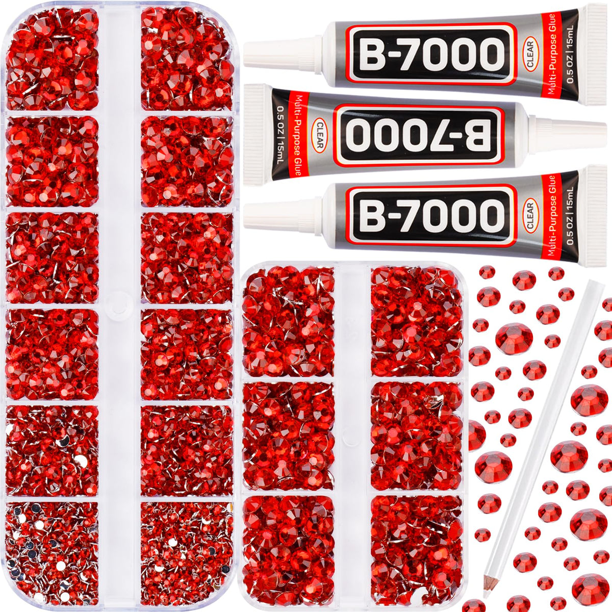 Worthofbest front package showing full 7500pcs red rhinestones kit benefit organized supply