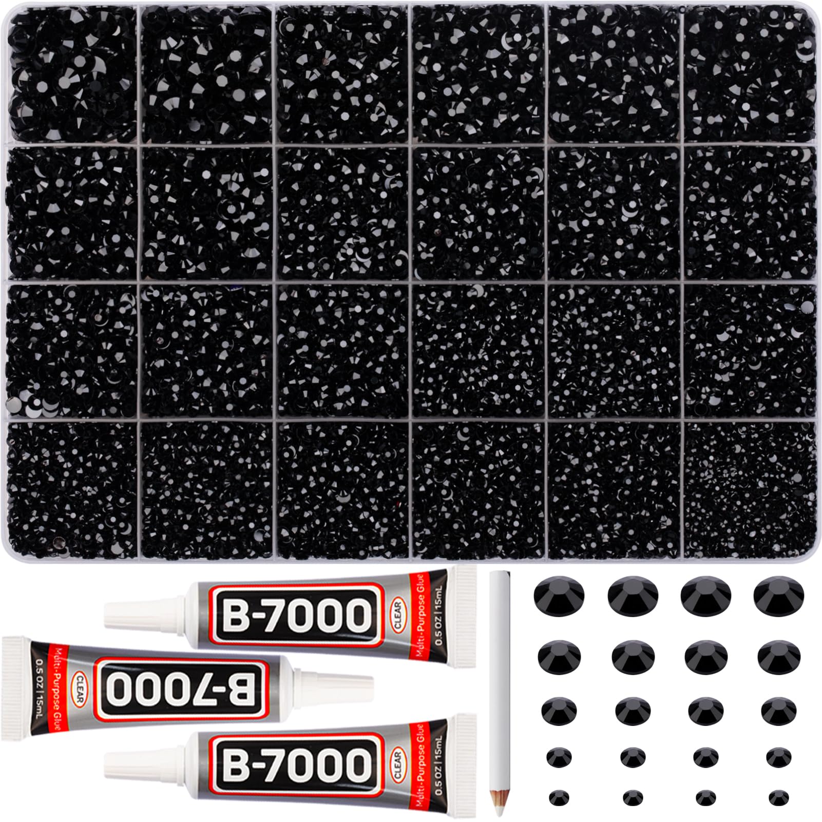 Worthofbest front packaging showing full black rhinestones kit and tools for easy crafting