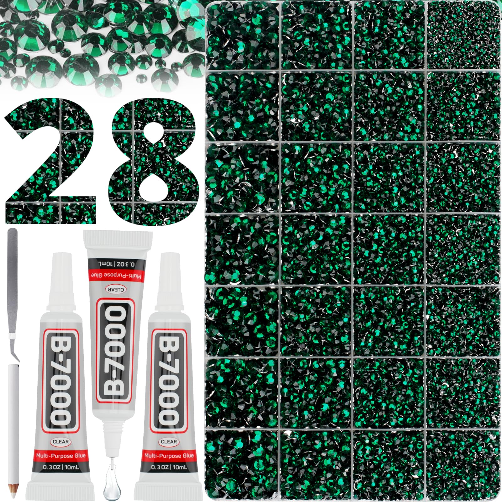 Worthofbest front packaging showing complete emerald rhinestone kit and tools, clear organization benefit
