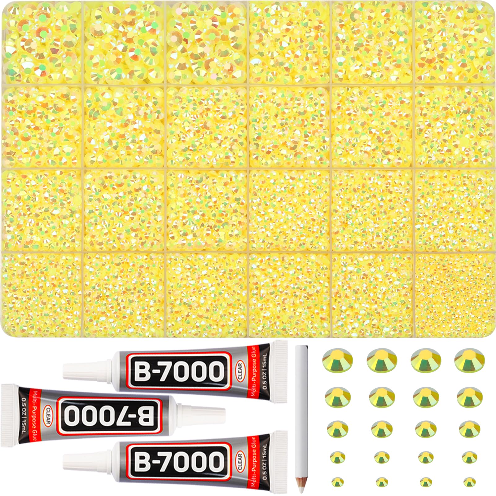 Worthofbest front packaging showing 31,000 yellow rhinestones and accessories for large projects