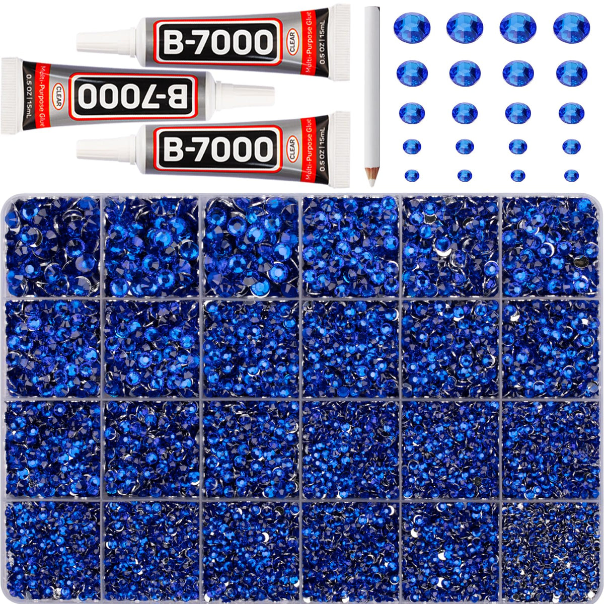 Worthofbest front packaging showing royal blue rhinestone kit and tools for easy crafting