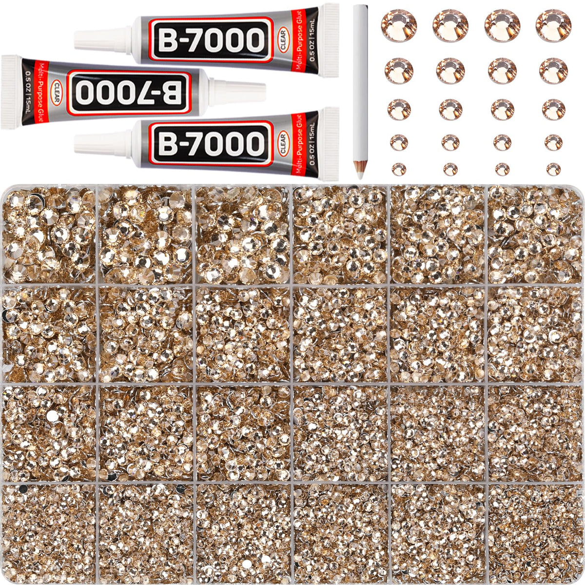 Worthofbest front packaging showing complete tan rhinestone kit with contents and benefits