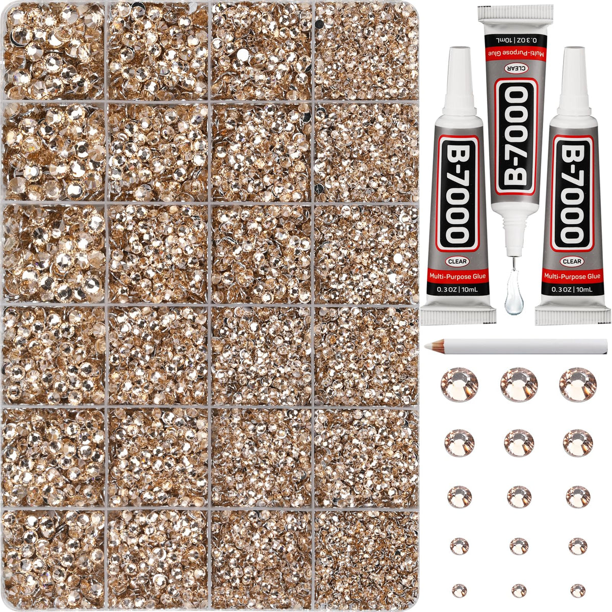 Worthofbest front packaging showing complete tan rhinestone kit and tools