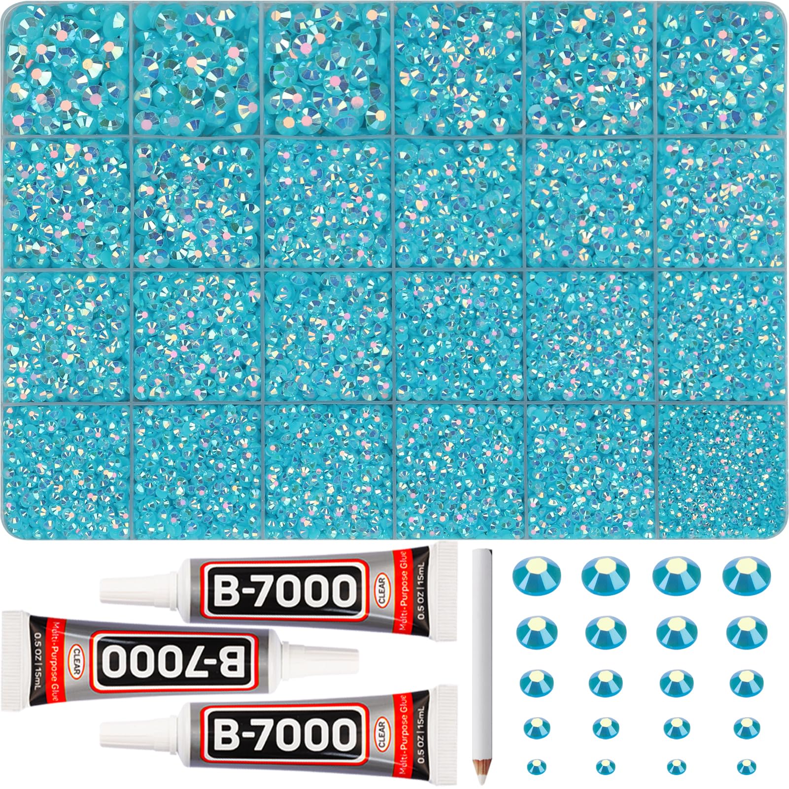 Worthofbest front packaging showing turquoise rhinestones and included tools for easy crafting