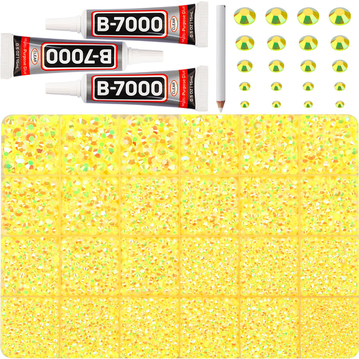 Worthofbest front packaging showing full kit contents and bright yellow rhinestones for versatile crafting