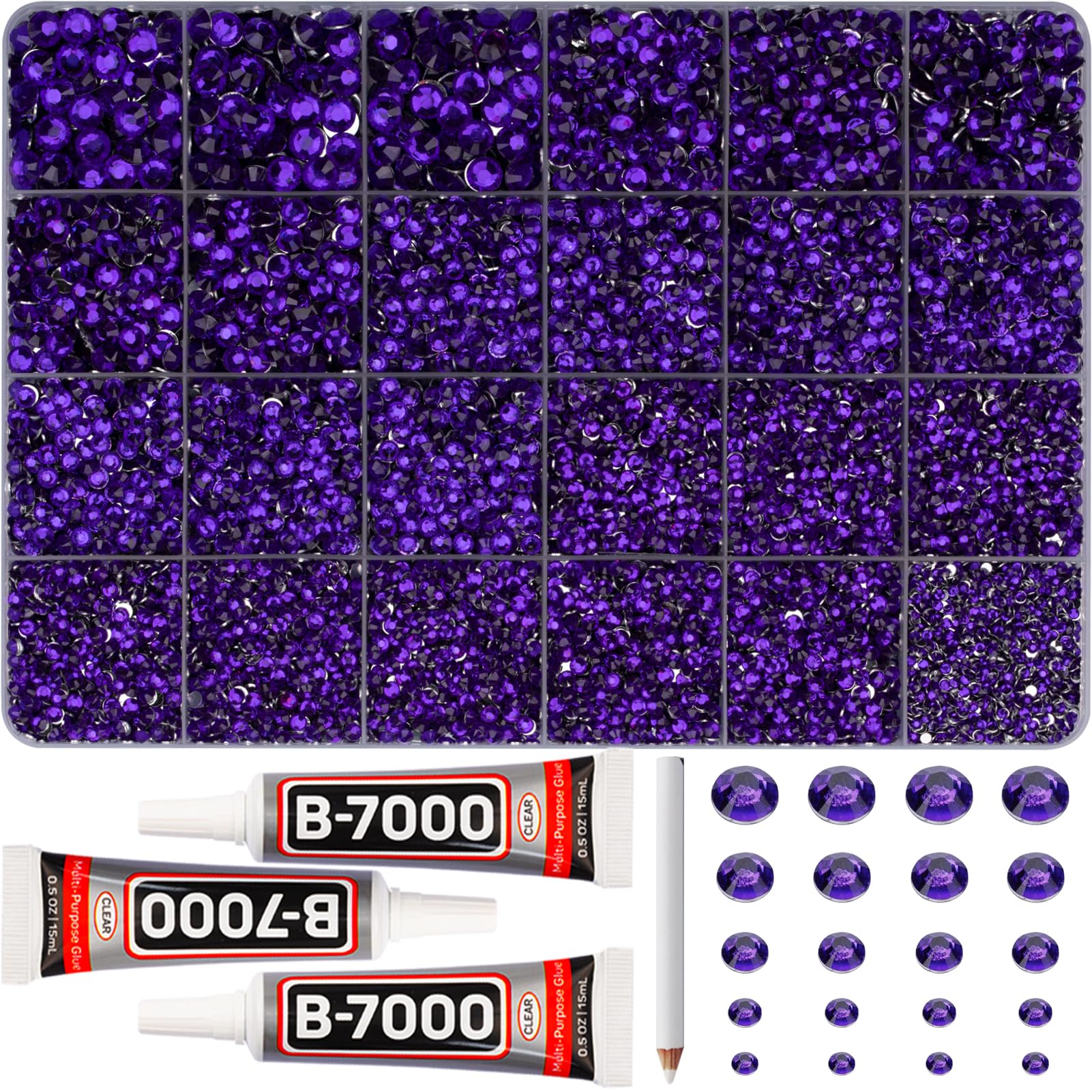 Worthofbest product front packaging showing purple rhinestones and accessories for quick identification and storage benefit