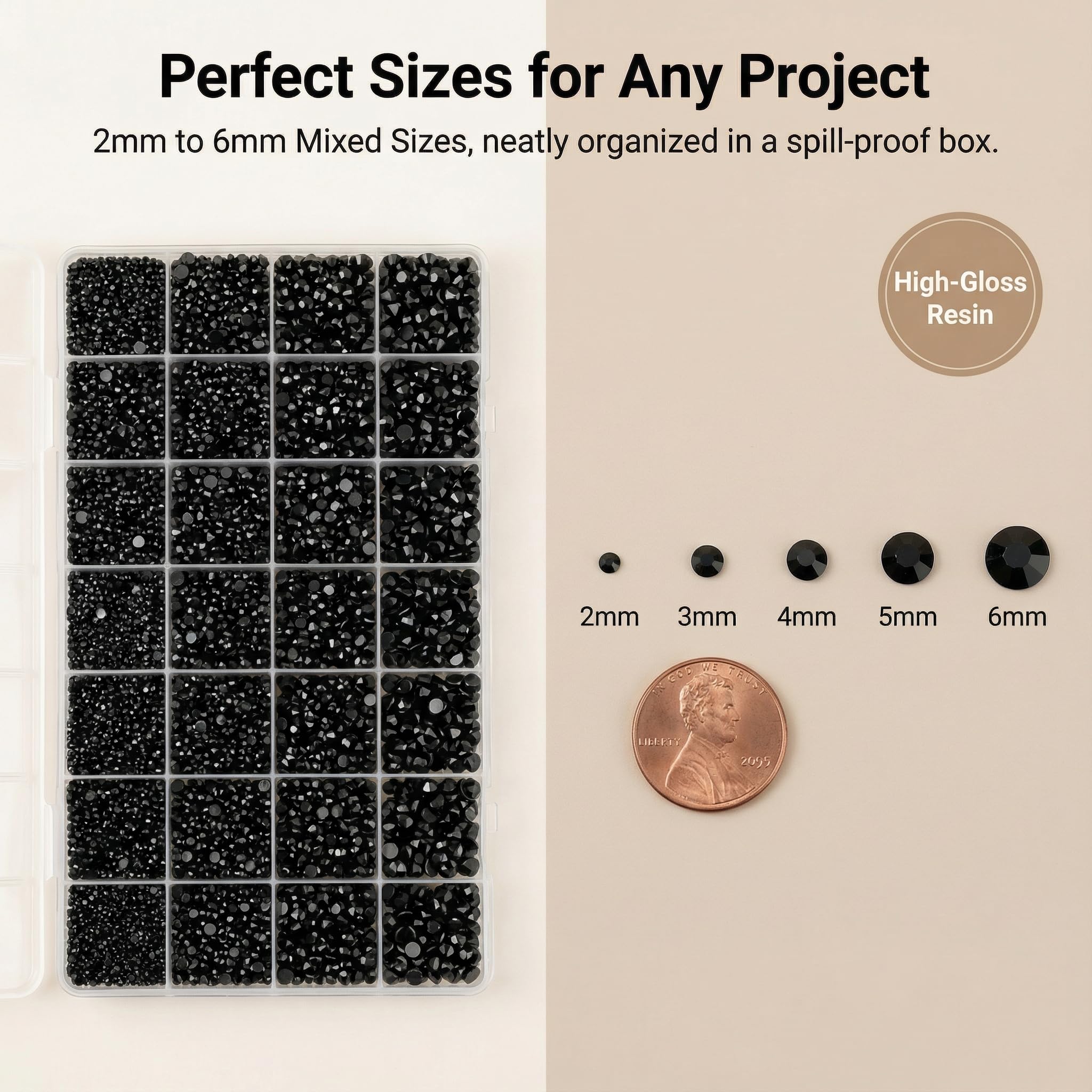 Worthofbest close-up of mixed-size black rhinestones showing precision sparkle