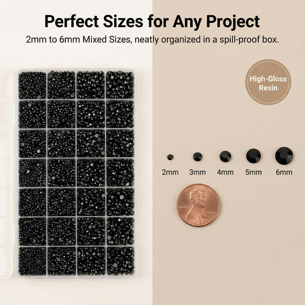 Worthofbest close-up of mixed-size black rhinestones showing precision sparkle