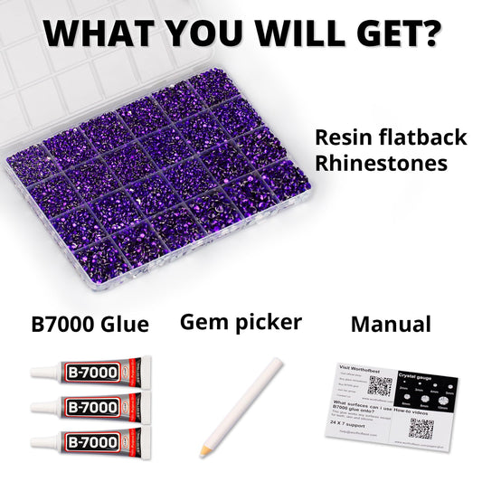 Worthofbest open 24-grid container with organized purple rhinestones for easy selection