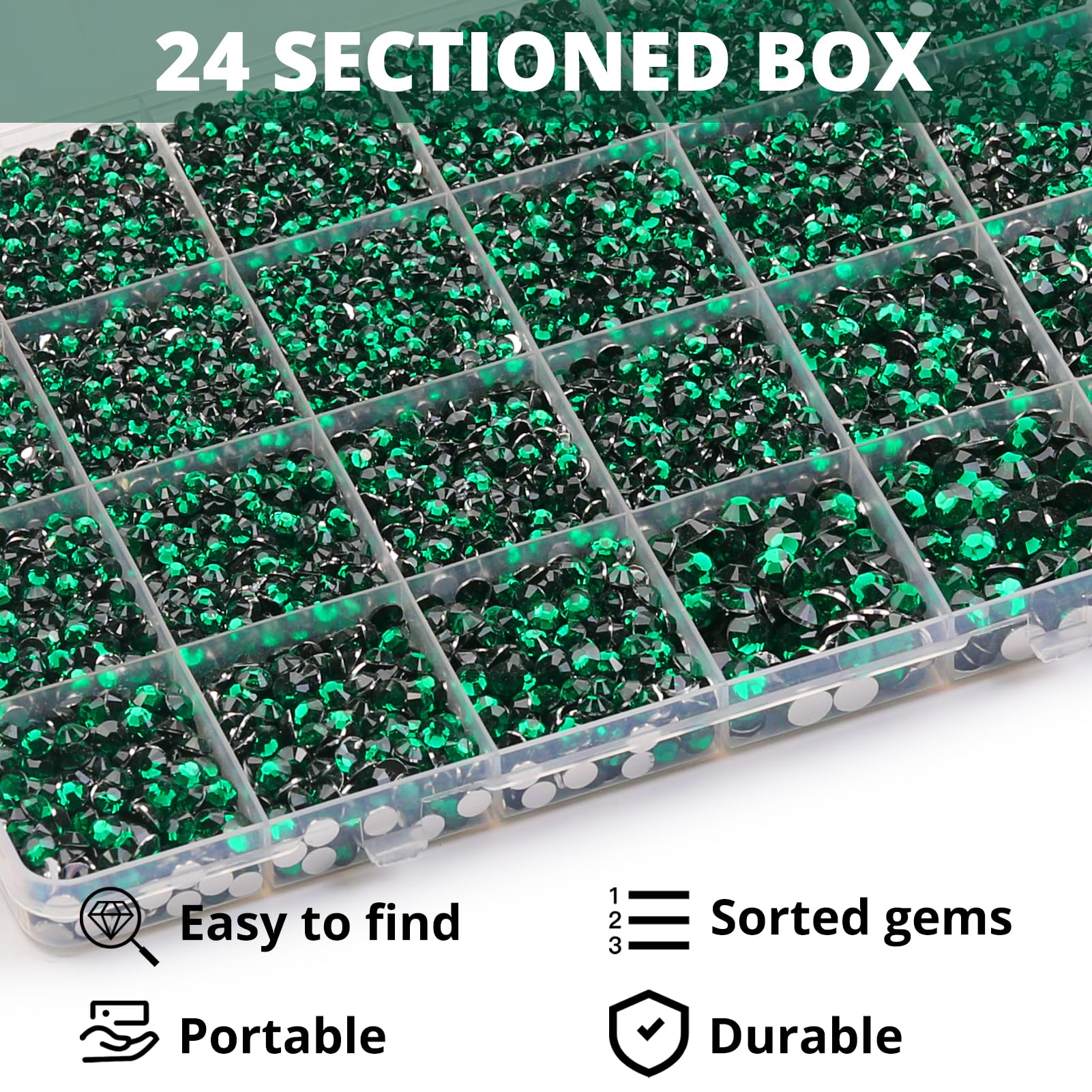 Worthofbest organized 24-compartment case with sorted emerald gems for quick access