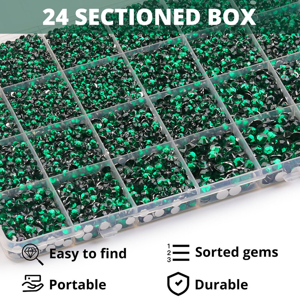 Worthofbest organized 24-compartment case with sorted emerald gems for quick access
