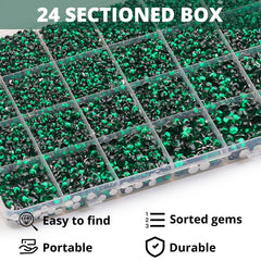 Worthofbest organized 24-compartment case with sorted emerald gems for quick access