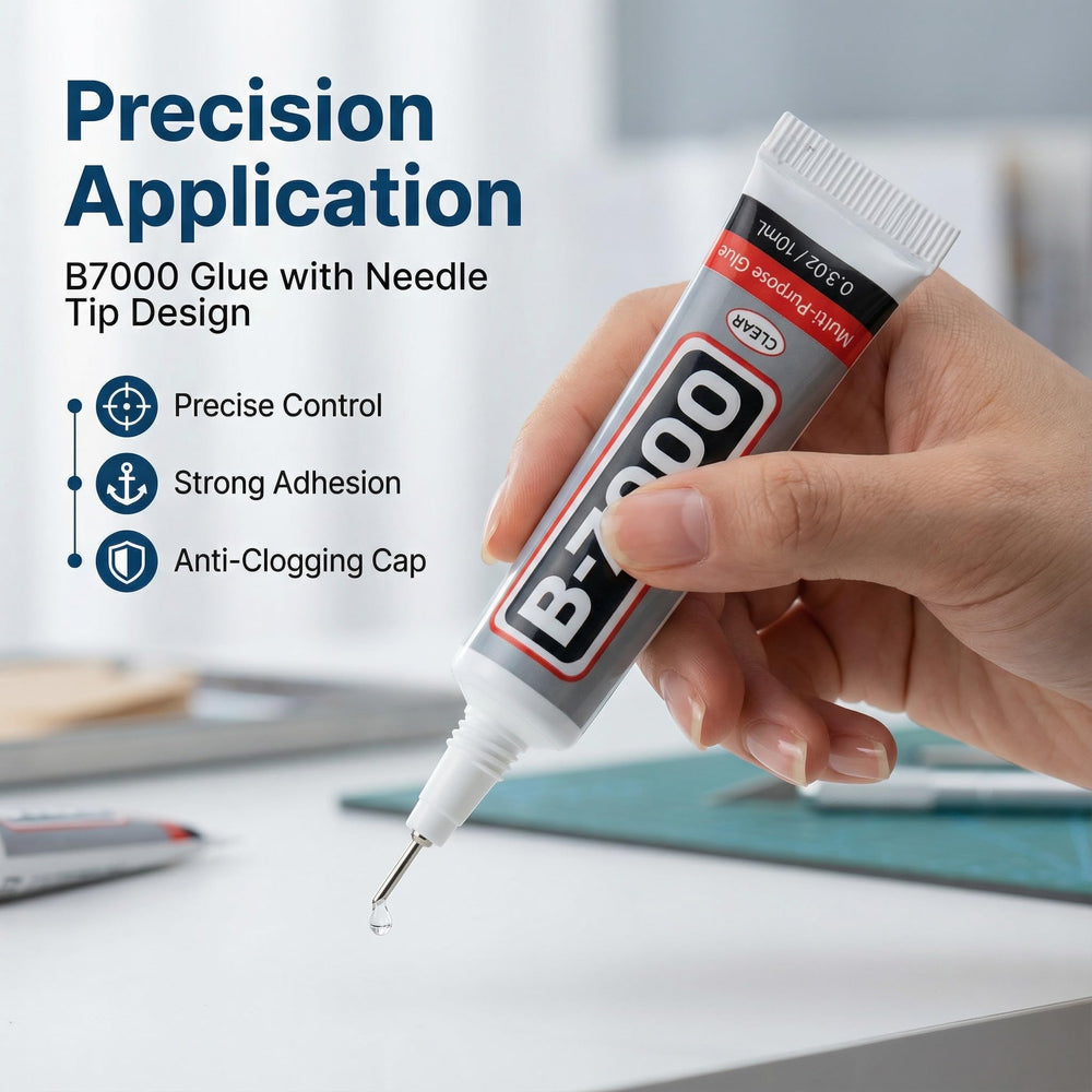 Worthofbest B-7000 glue, tweezers and wax pencil arranged for quick use
