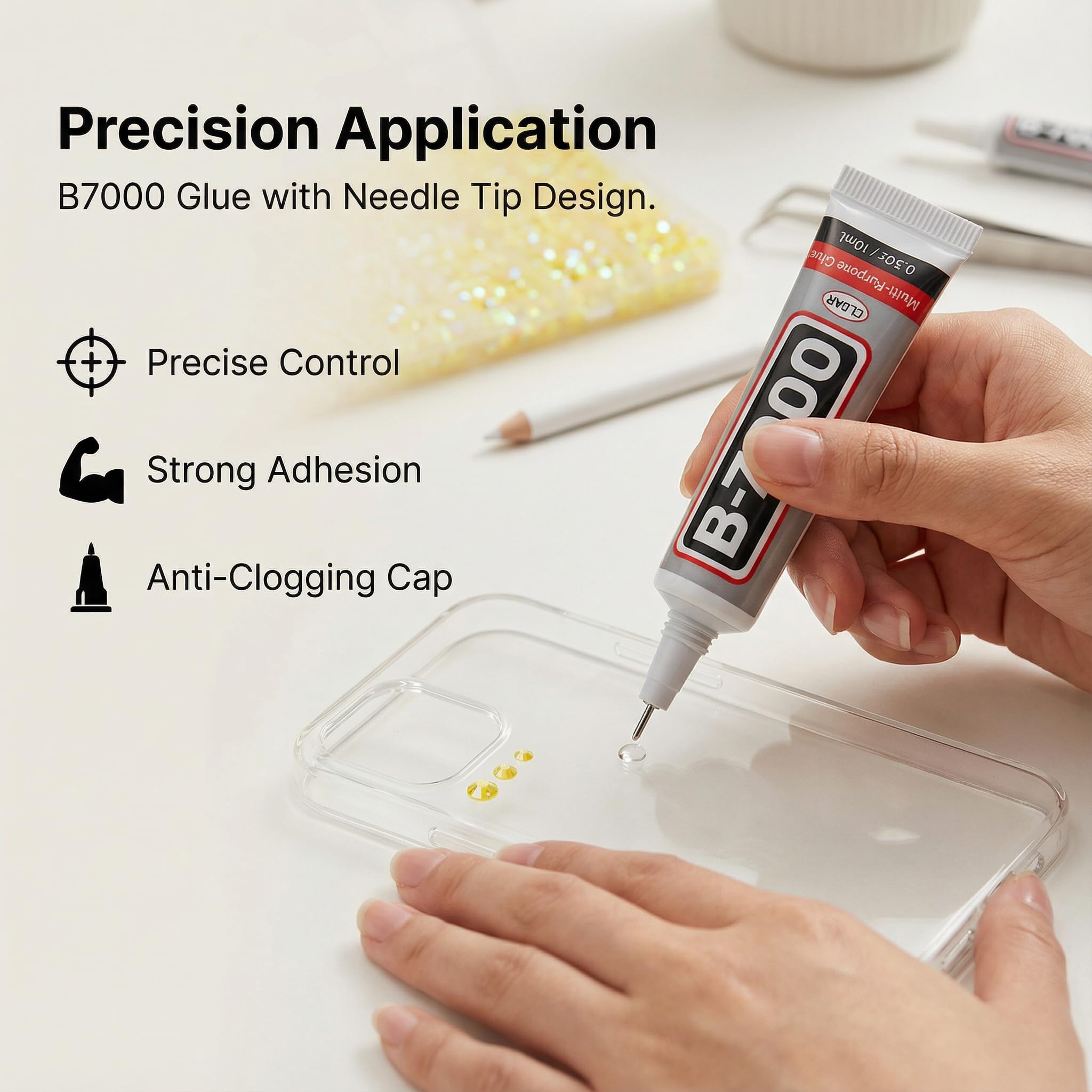 Worthofbest B-7000 glue, tweezers and wax pencil displayed for precise gem placement