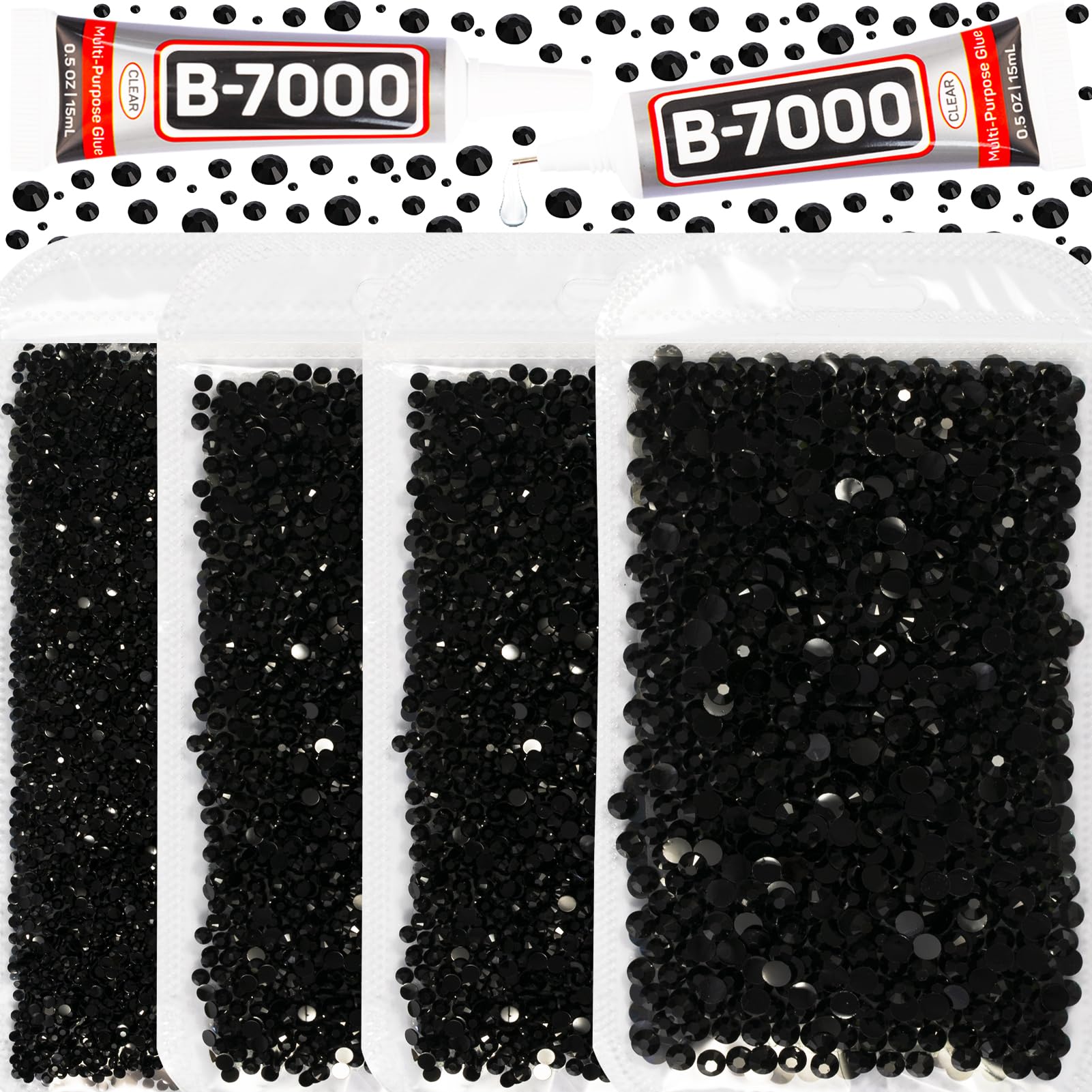 Worthofbest front packaging showing full black rhinestone kit and organized packs for convenience