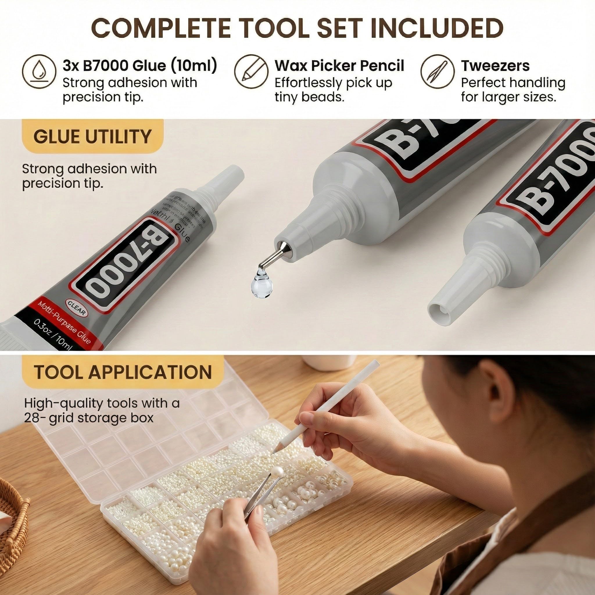 Worthofbest three B7000 glue tubes with tweezers and wax picker for precise placement