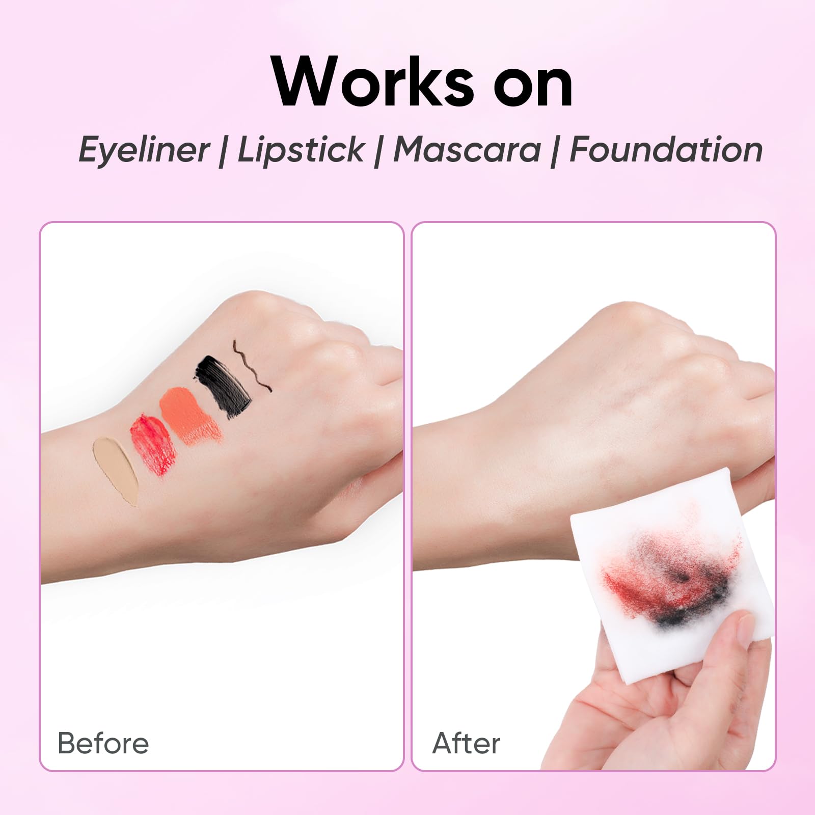 WOUSEDO before and after makeup removal showing clear, refreshed skin result