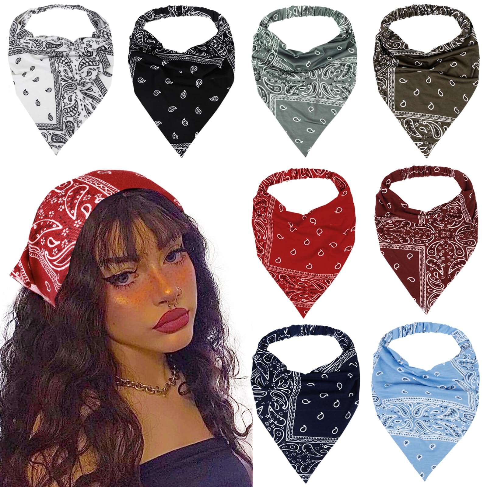 WOVOWOVO front packaging showing eight colorful paisley headscarves, clear set benefit