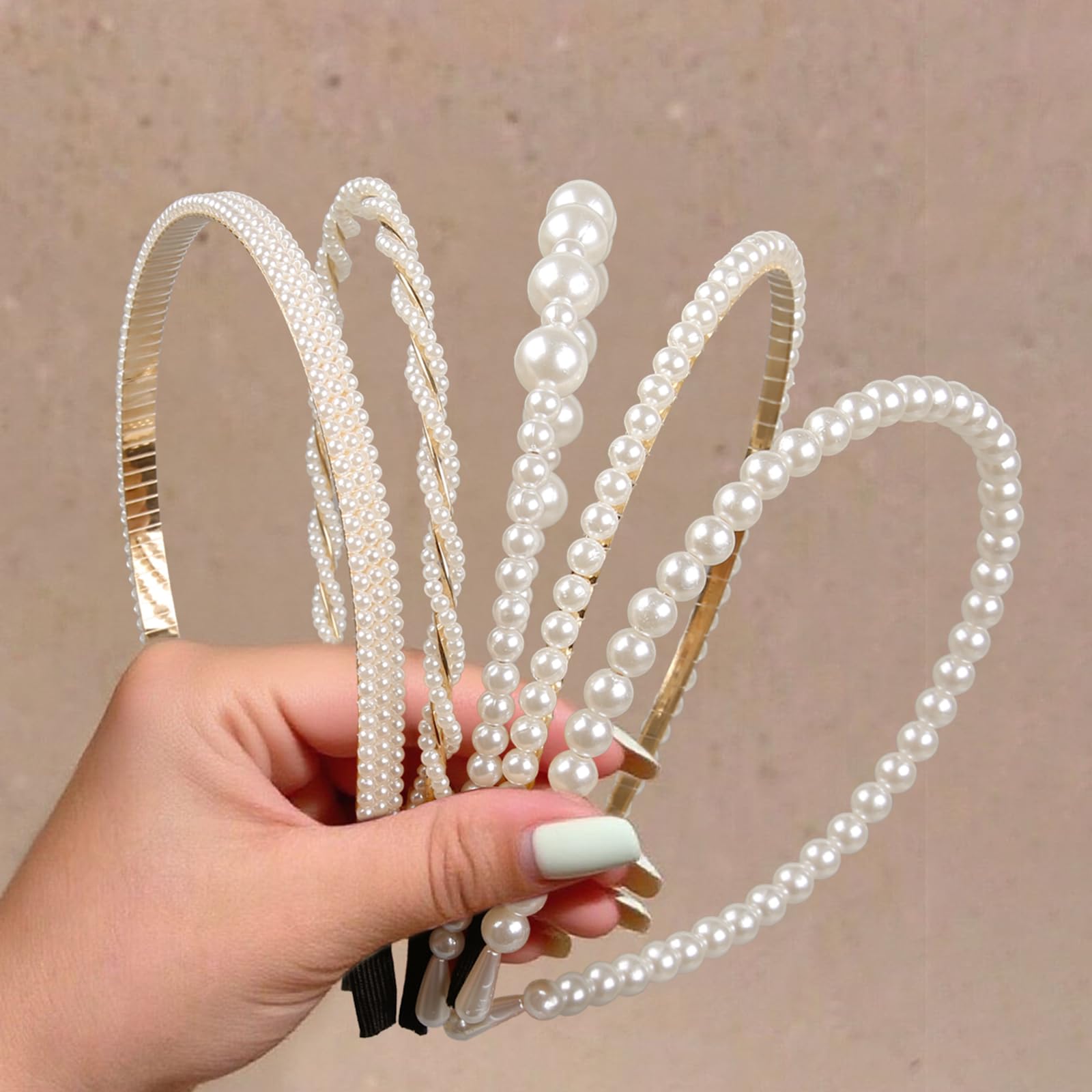 WOVOWOVO front view of five pearl headbands showing variety and value