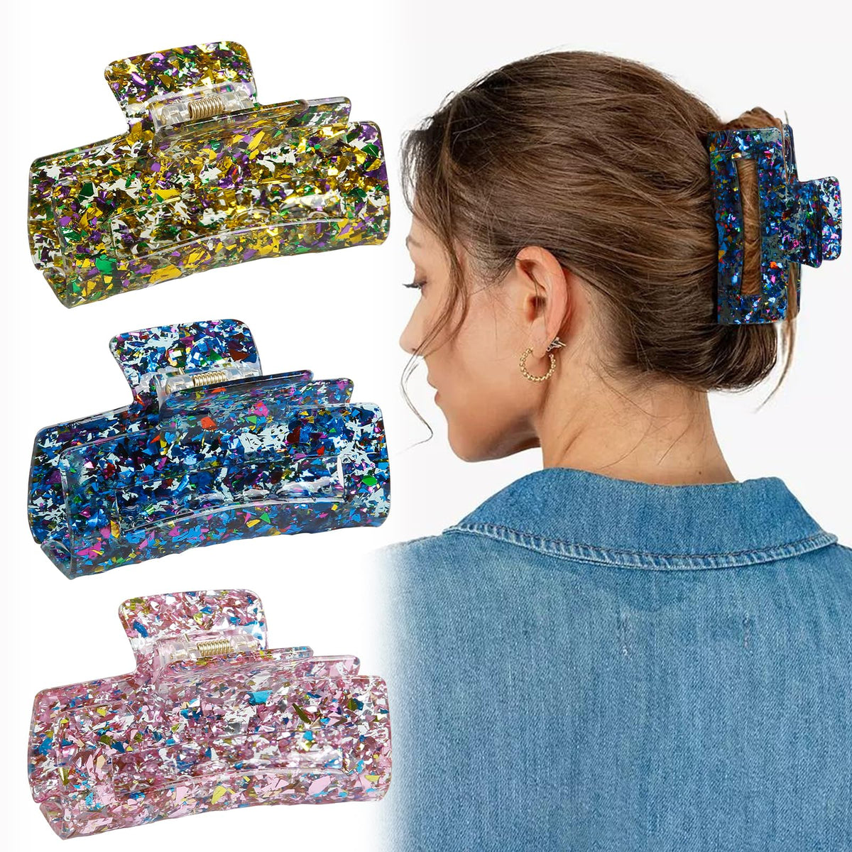 WOVOWOVO front view of three glitter claw clips showing colors and packaging, stylish practicality