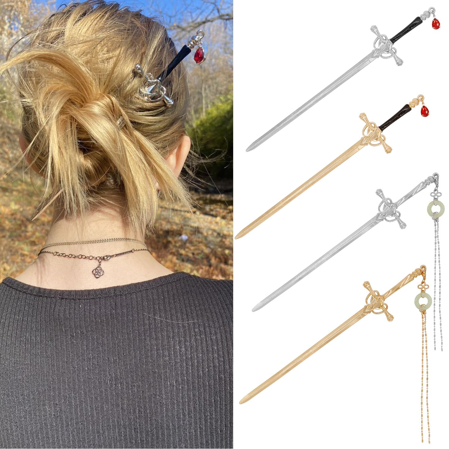 WOVOWOVO sword hair sticks front view showing vintage sword design and secure hold