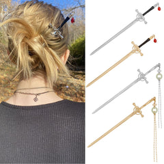 WOVOWOVO sword hair sticks front view showing vintage sword design and secure hold