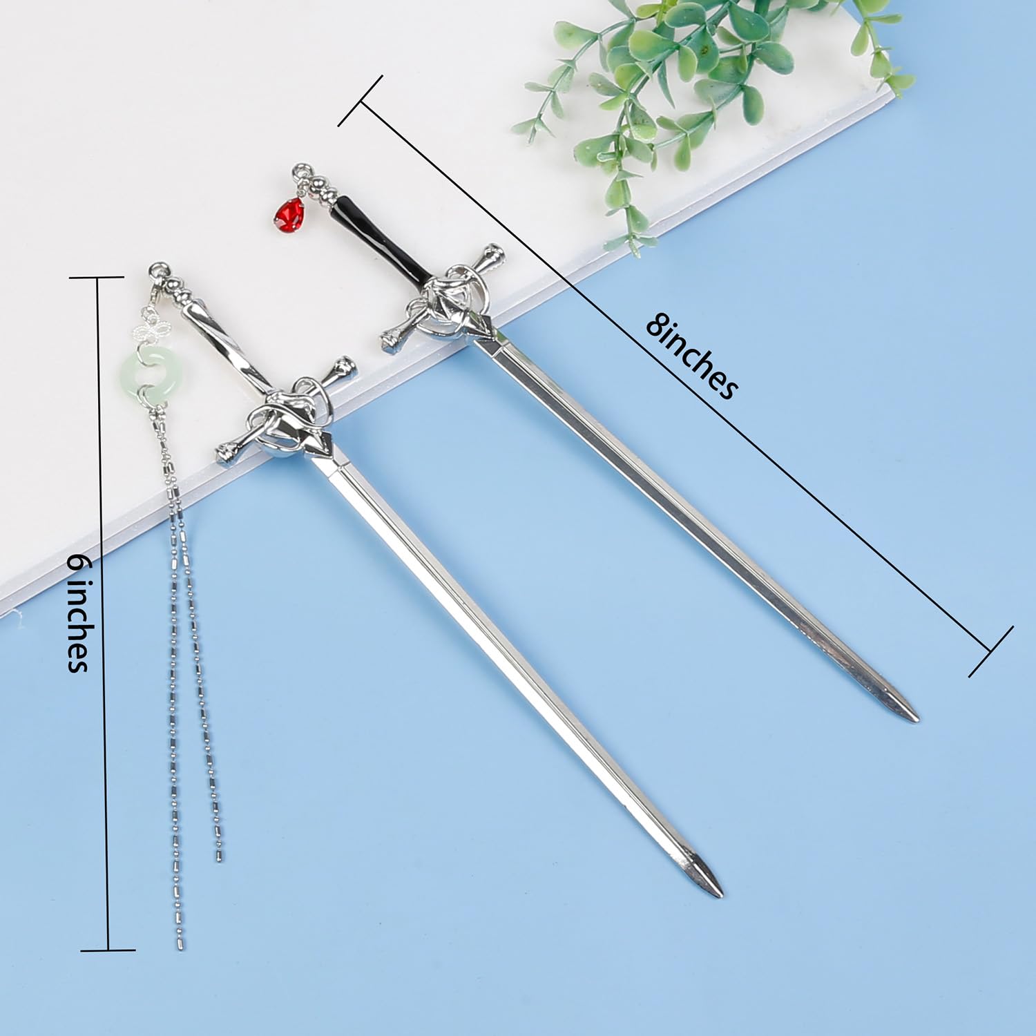 WOVOWOVO sword hair sticks packaging arrangement showing four-piece set and presentation