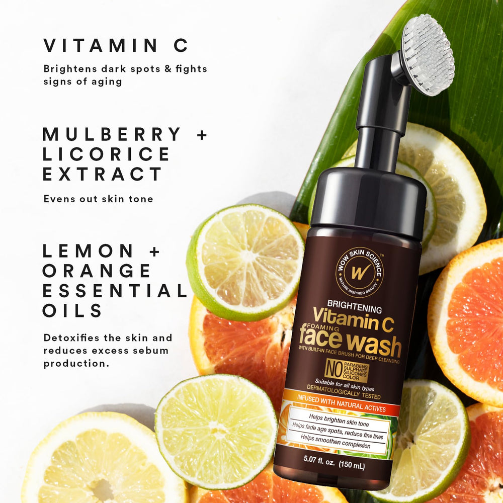 WOW Skin Science pump dispensing Vitamin C gel cleanser, illustrating easy application and control