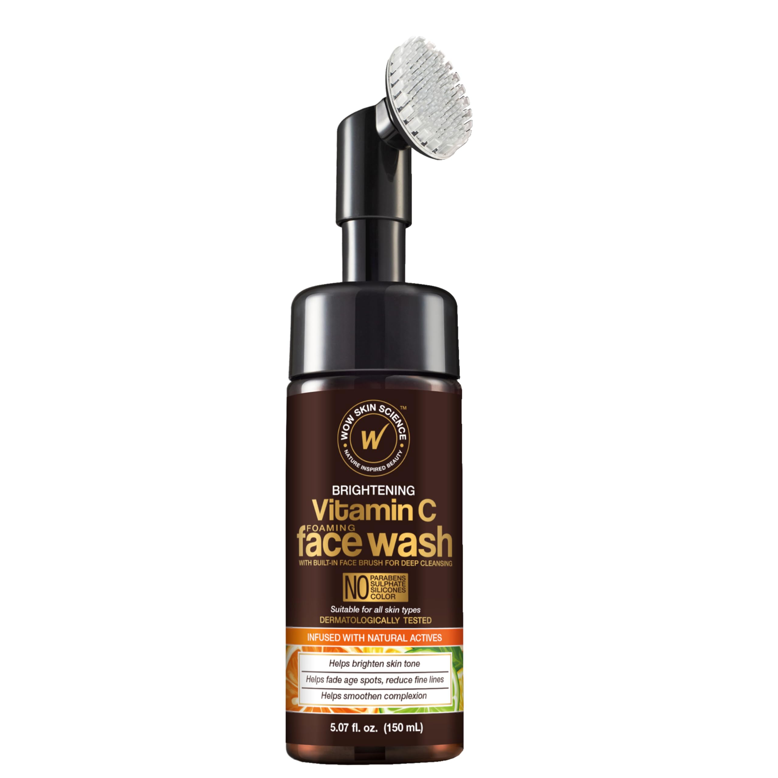 WOW Skin Science front packaging showing 5.07 oz bottle with brush, clear product identity and benefit