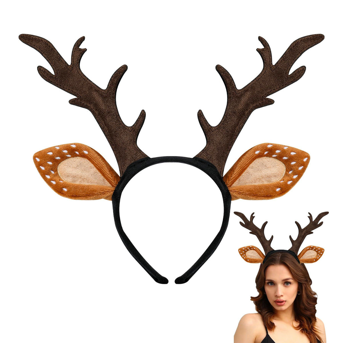 woxafo front view headband showing full realistic antlers and ears, easy styling benefit