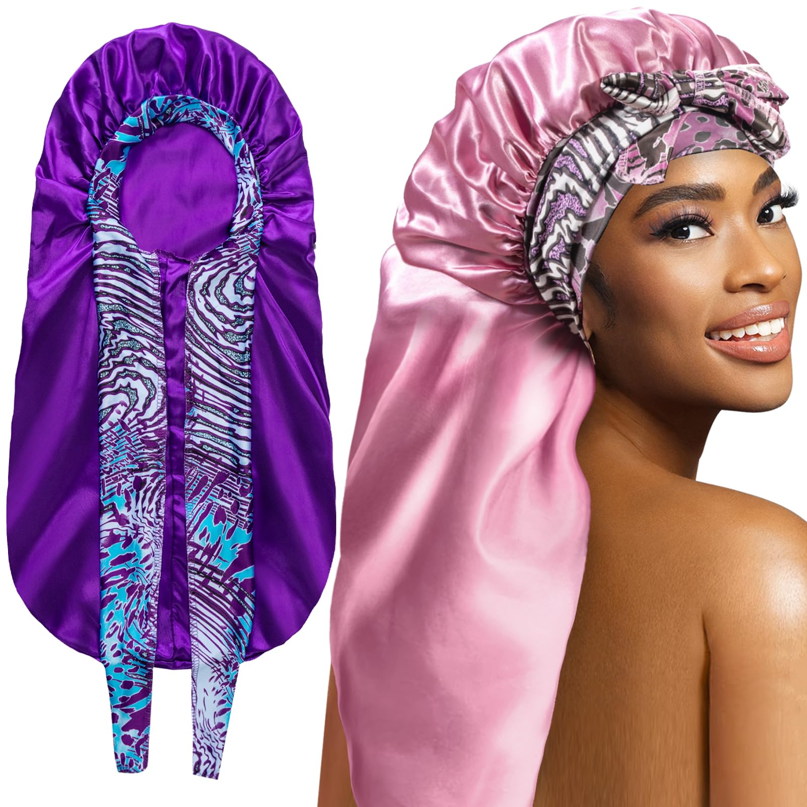 WOZUTUNT front view of purple and pink patterned bonnets protecting braids