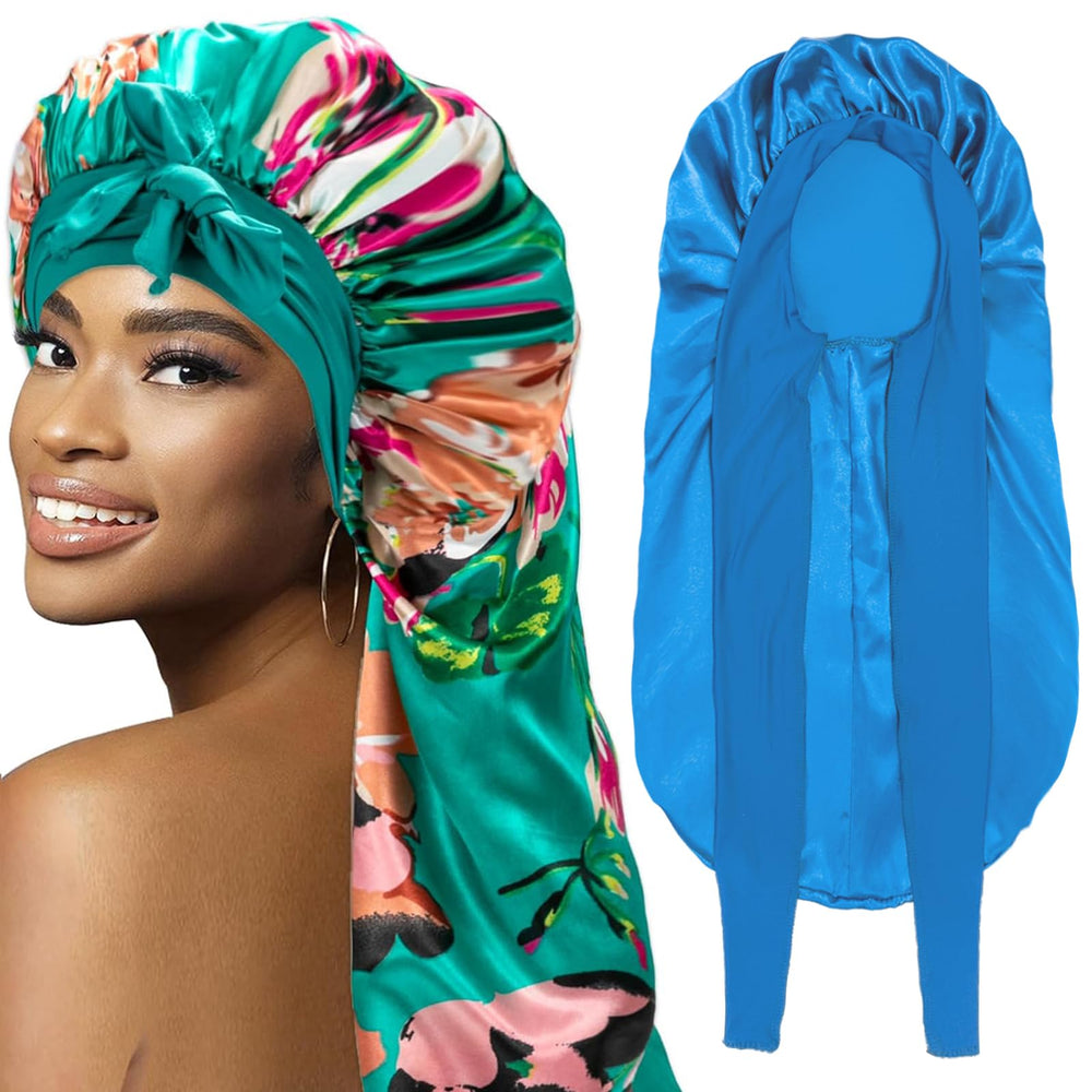 WOZUTUNT front view of blue printing flower bonnet showing roomy fit and style protection