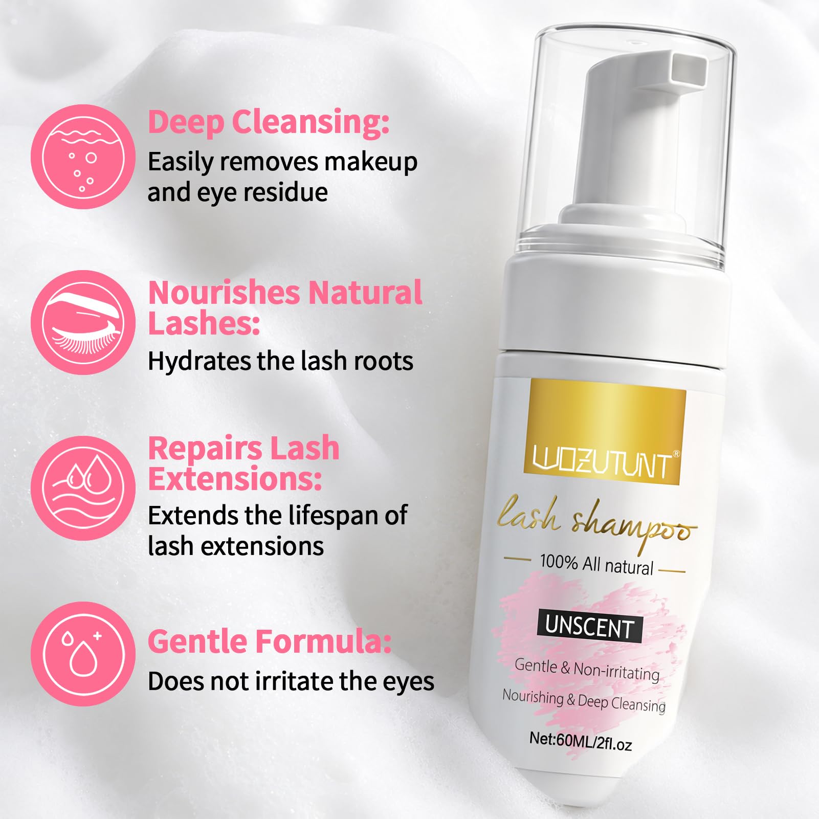 WOZUTUNT 2 fl oz unscented lash shampoo bottle close-up, gentle cleaning for extensions