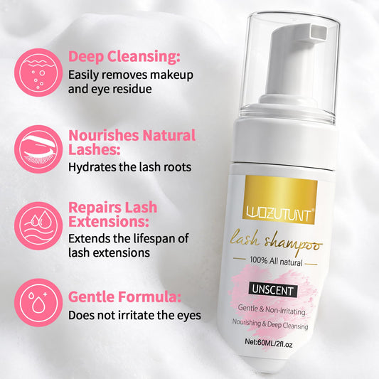 WOZUTUNT 2 fl oz unscented lash shampoo bottle close-up, gentle cleaning for extensions