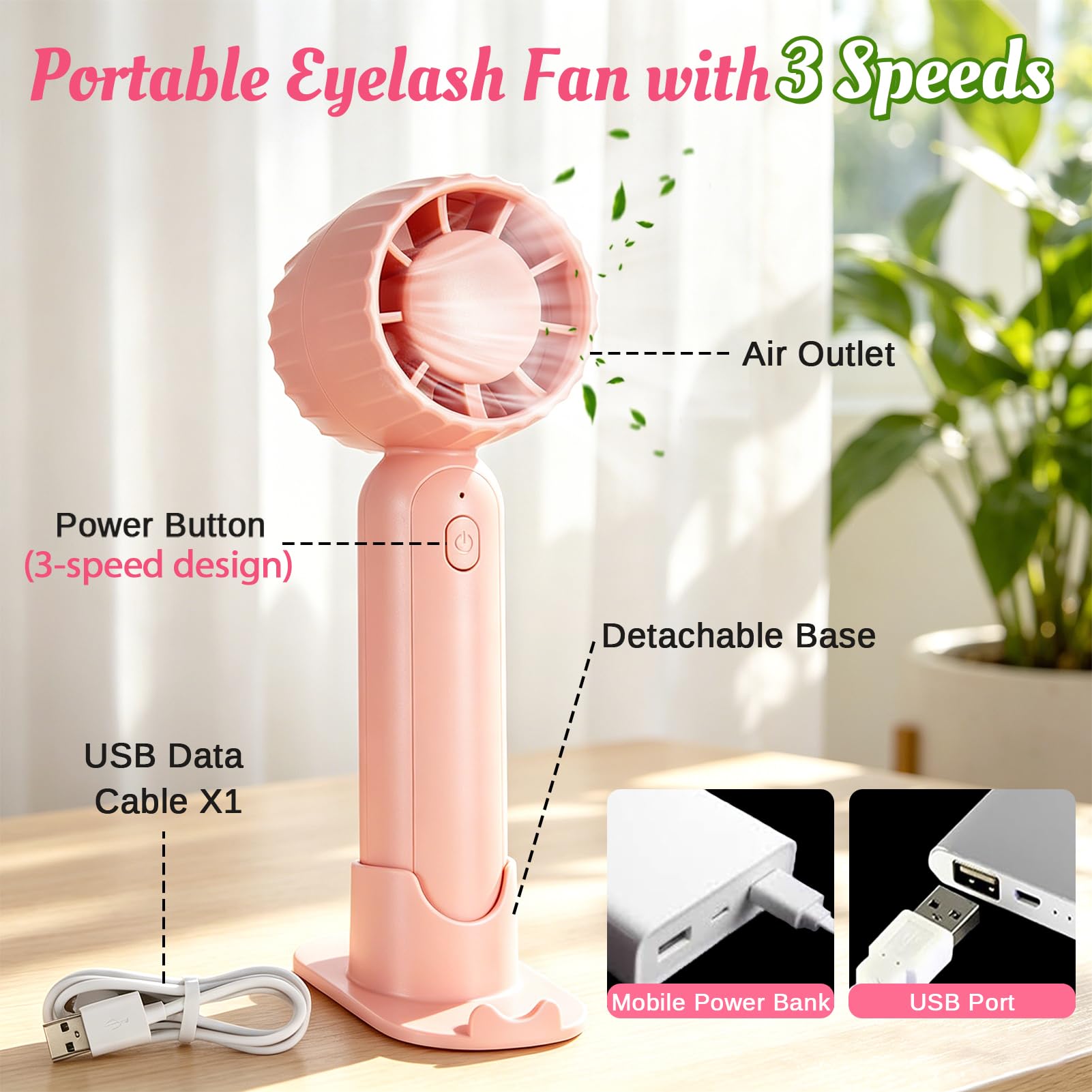 WOZUTUNT USB mini fan front angle, rechargeable fast-drying for delicate lashes