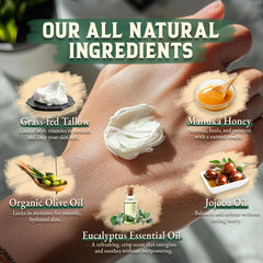 Wrath & Remedy ingredients laid out, showing organic oils and honey benefit
