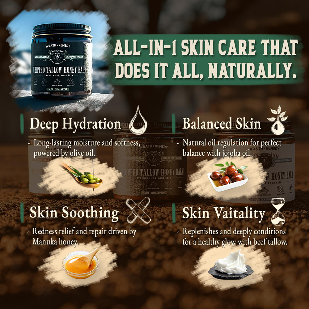 Wrath & Remedy jar beside honey, highlights Manuka honey nourishment benefit
