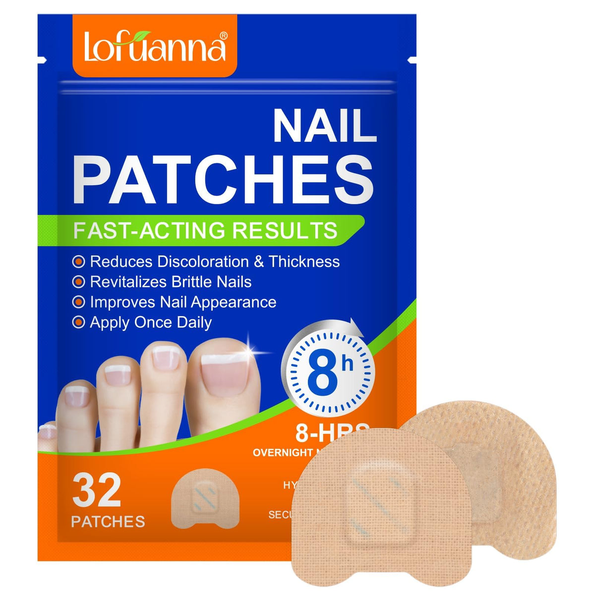 WRFAATGO front packaging showing 32 overnight nail patches, clear benefit of convenience