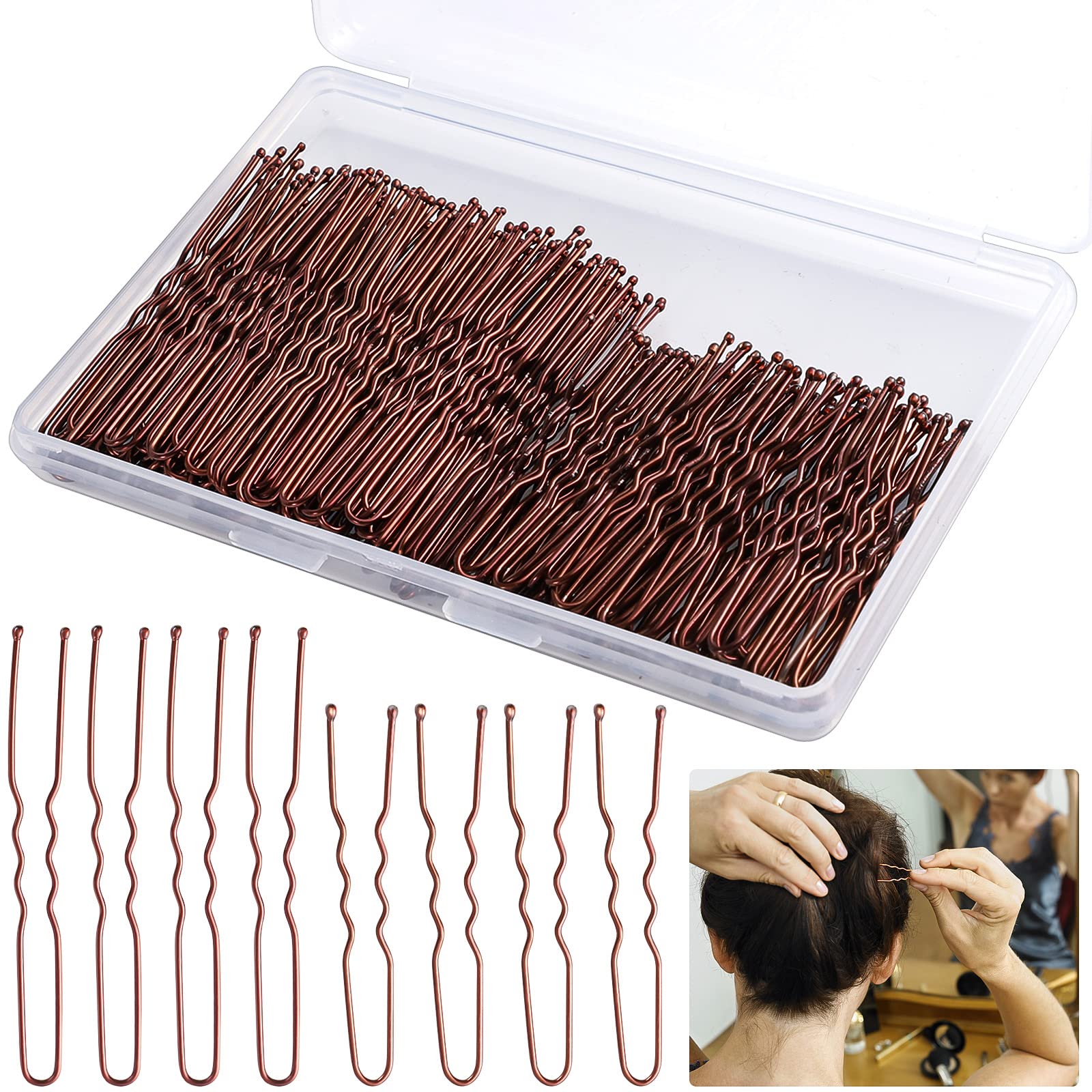 WSICSE front view of brown bun pins in storage box showing quantity and neat packaging benefit